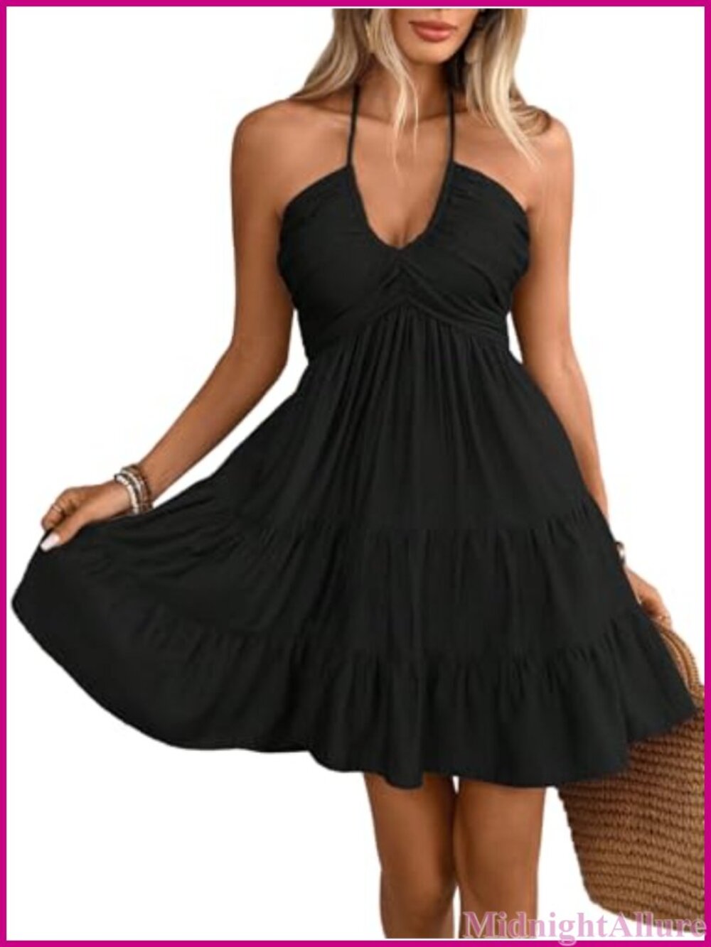 Halter Neck Ruched Tiered Mini Sundress Flowy Beach Summer Dress